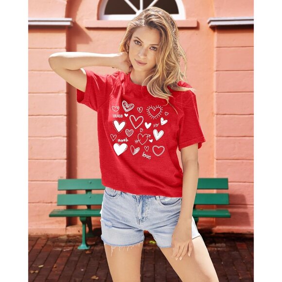 Meesheep Women Red Cute Love Hearts Pull On T shirts Valentines Day Gifts Tops - Picture 4 of 6